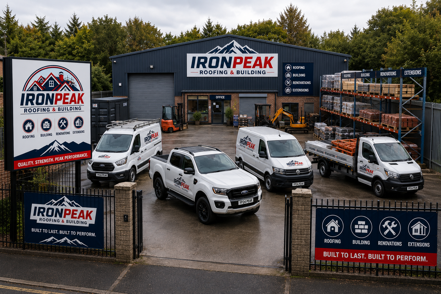 Iron Peak Roofing & Building yard in Essex with branded vans, pickup and stocked materials racking