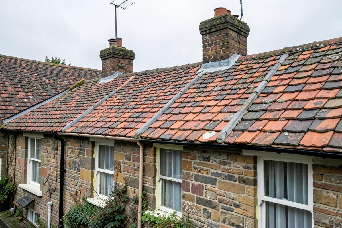Restored handmade clay peg tile roof with lead valleys on a period townhouse in Sudbury, Suffolk