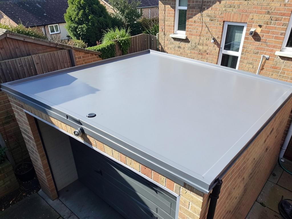 New grey GRP fibreglass flat roof with trims fitted to a detached garage in Halstead, Essex