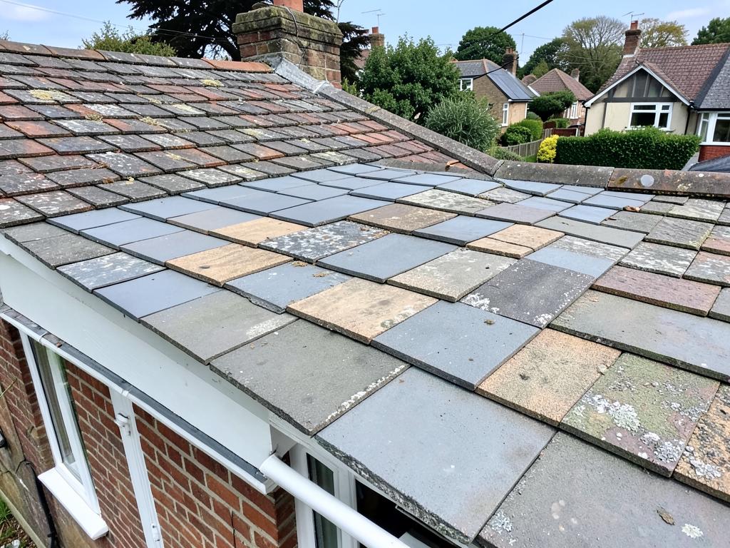 Replaced concrete roof tiles blended into an existing tiled roof on a house in Great Notley, Braintree