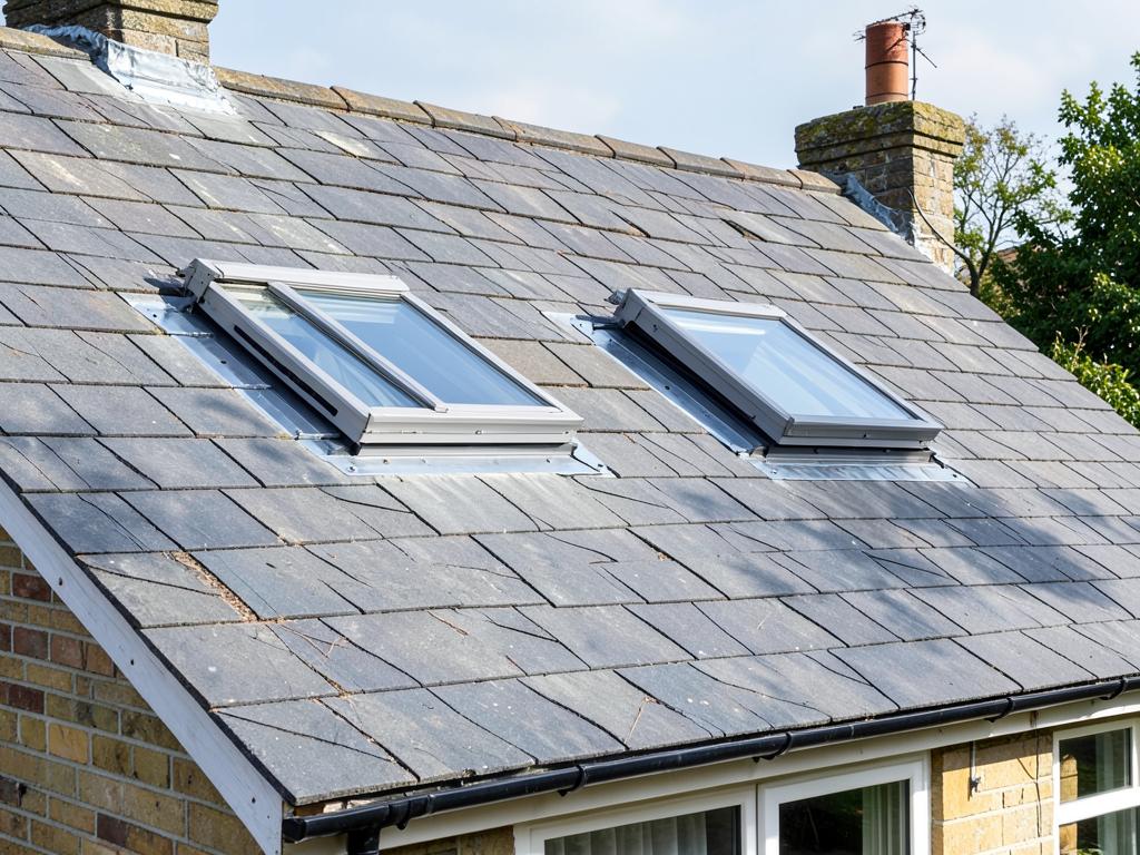 Two new rooflights installed into a grey slate pitched roof on a house in Coggeshall, Essex