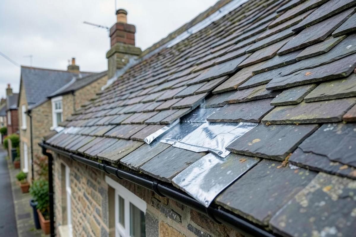 Renewed slate roof valley with new code-graded lead flashing on a High Street cottage in Kelvedon, Essex
